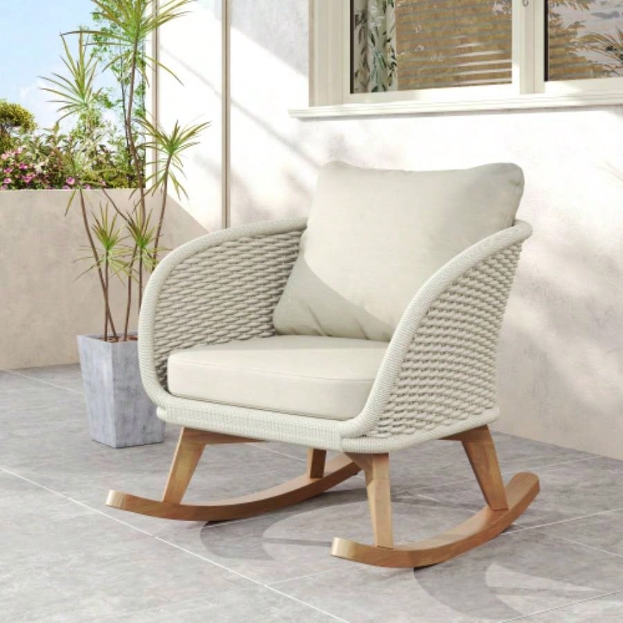 Contemporary Minimalist Beige Wicker Rocking Chair with Soft Polyester Cushions and Durable Wooden Frame, Indoor and Outdoor Spaces like Patio, Balcony, or Living Room