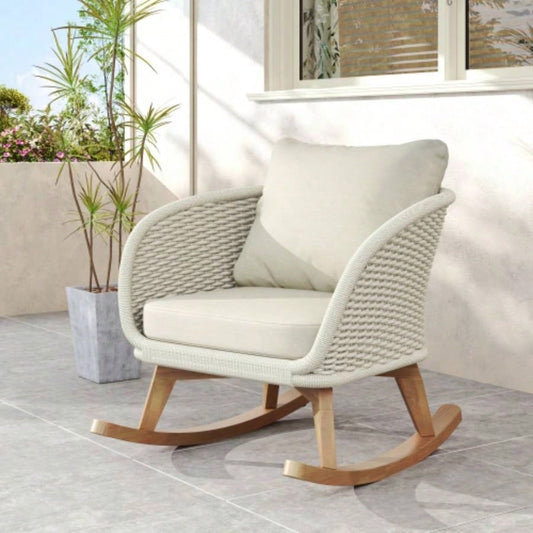 Contemporary Minimalist Beige Wicker Rocking Chair with Soft Polyester Cushions and Durable Wooden Frame, Indoor and Outdoor Spaces like Patio, Balcony, or Living Room