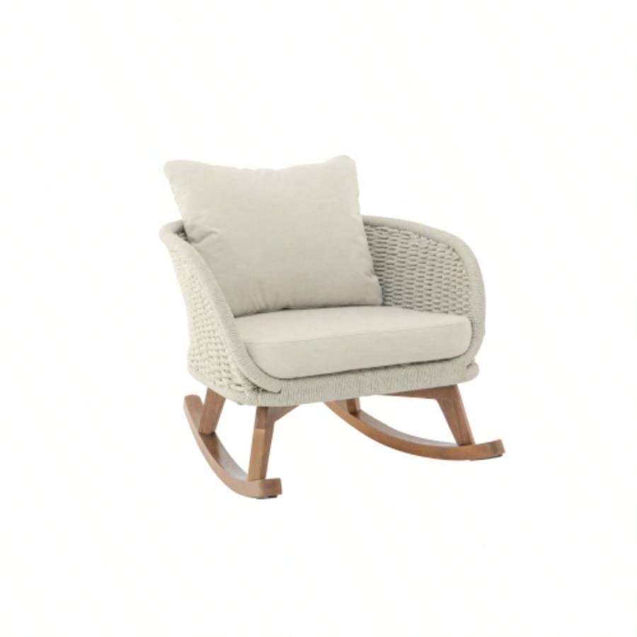 Contemporary Minimalist Beige Wicker Rocking Chair with Soft Polyester Cushions and Durable Wooden Frame, Indoor and Outdoor Spaces like Patio, Balcony, or Living Room