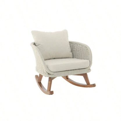 Contemporary Minimalist Beige Wicker Rocking Chair with Soft Polyester Cushions and Durable Wooden Frame, Indoor and Outdoor Spaces like Patio, Balcony, or Living Room