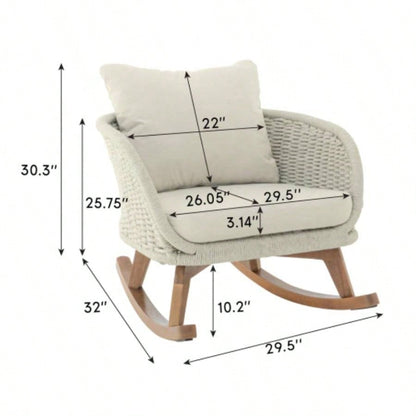 Contemporary Minimalist Beige Wicker Rocking Chair with Soft Polyester Cushions and Durable Wooden Frame, Indoor and Outdoor Spaces like Patio, Balcony, or Living Room
