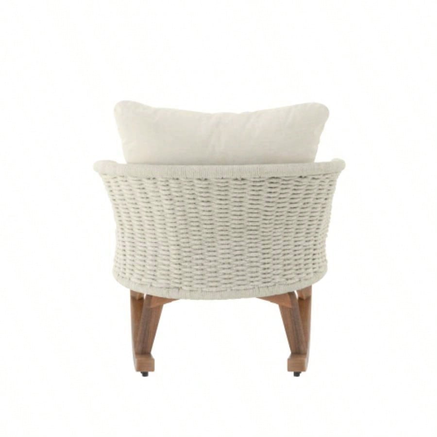 Contemporary Minimalist Beige Wicker Rocking Chair with Soft Polyester Cushions and Durable Wooden Frame, Indoor and Outdoor Spaces like Patio, Balcony, or Living Room