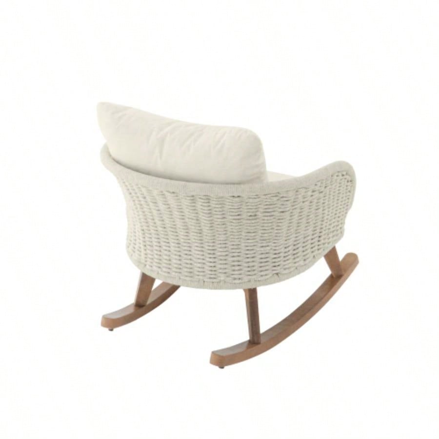 Contemporary Minimalist Beige Wicker Rocking Chair with Soft Polyester Cushions and Durable Wooden Frame, Indoor and Outdoor Spaces like Patio, Balcony, or Living Room