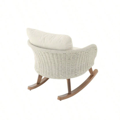 Contemporary Minimalist Beige Wicker Rocking Chair with Soft Polyester Cushions and Durable Wooden Frame, Indoor and Outdoor Spaces like Patio, Balcony, or Living Room