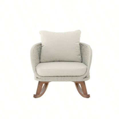 Contemporary Minimalist Beige Wicker Rocking Chair with Soft Polyester Cushions and Durable Wooden Frame, Indoor and Outdoor Spaces like Patio, Balcony, or Living Room