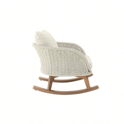 Contemporary Minimalist Beige Wicker Rocking Chair with Soft Polyester Cushions and Durable Wooden Frame, Indoor and Outdoor Spaces like Patio, Balcony, or Living Room