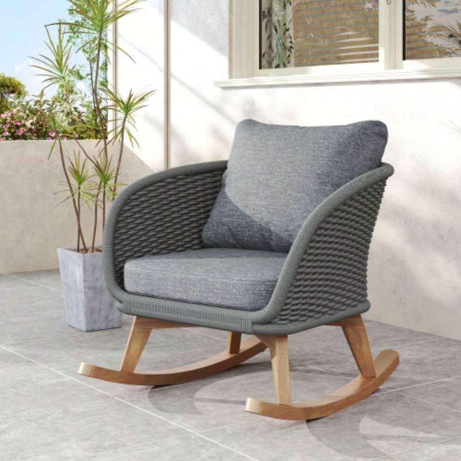 Contemporary Minimalist Beige Wicker Rocking Chair with Soft Polyester Cushions and Durable Wooden Frame, Indoor and Outdoor Spaces like Patio, Balcony, or Living Room