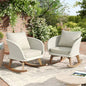 Contemporary Minimalist Beige Wicker Rocking Chair with Soft Polyester Cushions and Durable Wooden Frame, Indoor and Outdoor Spaces like Patio, Balcony, or Living Room