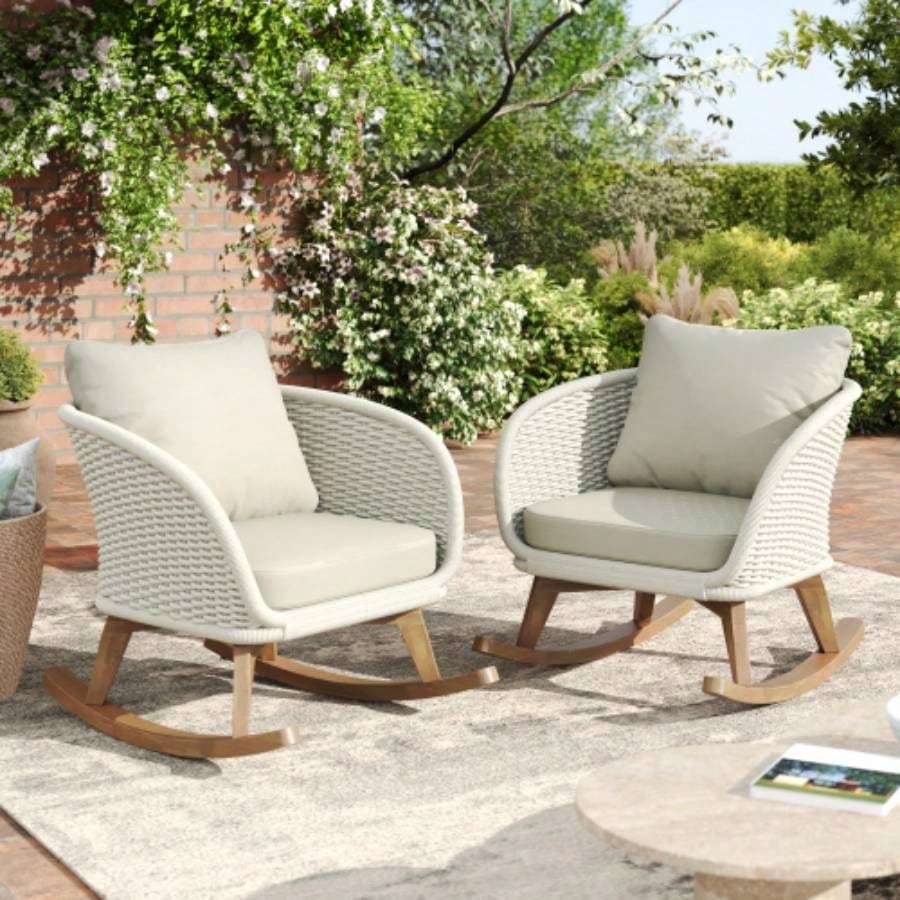 Contemporary Minimalist Beige Wicker Rocking Chair with Soft Polyester Cushions and Durable Wooden Frame, Indoor and Outdoor Spaces like Patio, Balcony, or Living Room