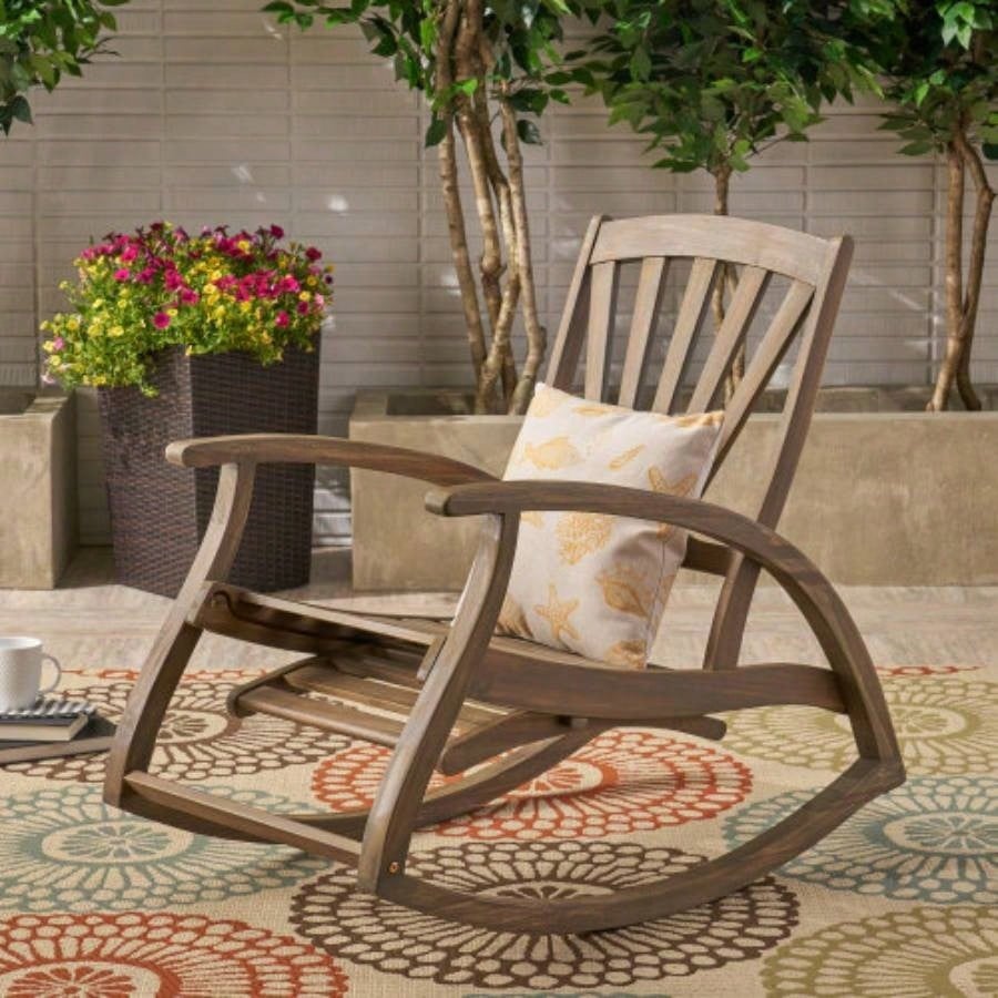 Outdoor Acacia wood Rocking Chair with Retractable foot panel, Rocker Patio Rocking Chair Porch, Patio, Balcony,