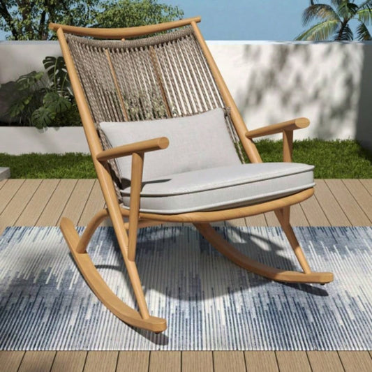 Outdoor Rocking Chair - Sturdy Iron Frame in Maple, Gray PE Rattan Backrest Light Gray Cushion