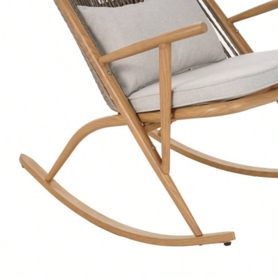 Outdoor Rocking Chair - Sturdy Iron Frame in Maple, Gray PE Rattan Backrest Light Gray Cushion