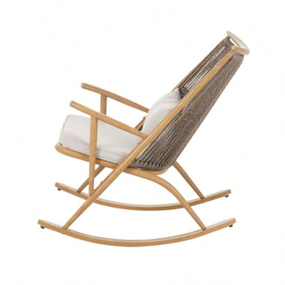 Outdoor Rocking Chair - Sturdy Iron Frame in Maple, Gray PE Rattan Backrest Light Gray Cushion