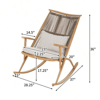 Outdoor Rocking Chair - Sturdy Iron Frame in Maple, Gray PE Rattan Backrest Light Gray Cushion