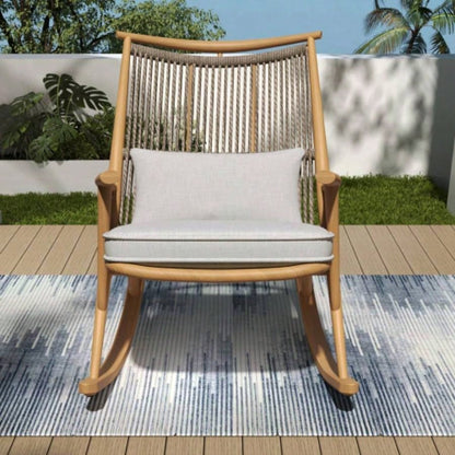Outdoor Rocking Chair - Sturdy Iron Frame in Maple, Gray PE Rattan Backrest Light Gray Cushion