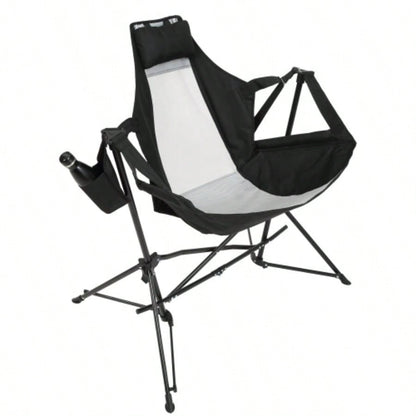 Hammock Camping Chair, Folding Portable Rocking Chair, Aluminum Alloy Adjustable Back Swinging Chair with Pillow Cup Holder, Recliner with Carry Bag Outdoor Travel Lawn Backyard, Black