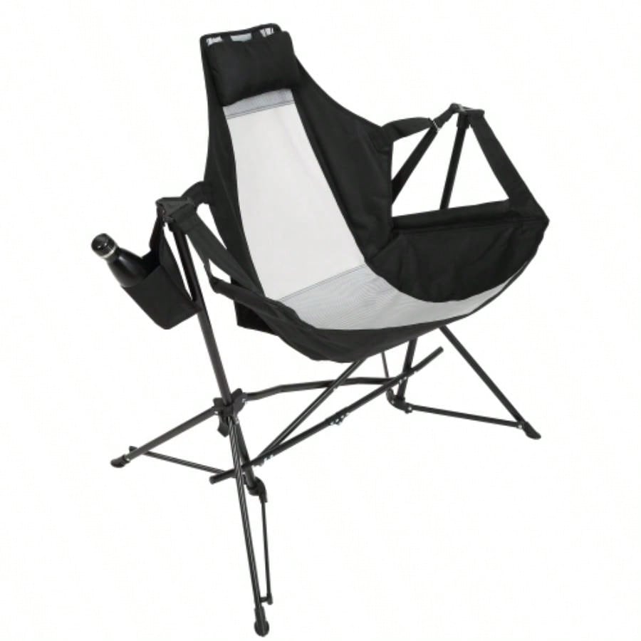Hammock Camping Chair, Folding Portable Rocking Chair, Aluminum Alloy Adjustable Back Swinging Chair with Pillow Cup Holder, Recliner with Carry Bag Outdoor Travel Lawn Backyard, Black