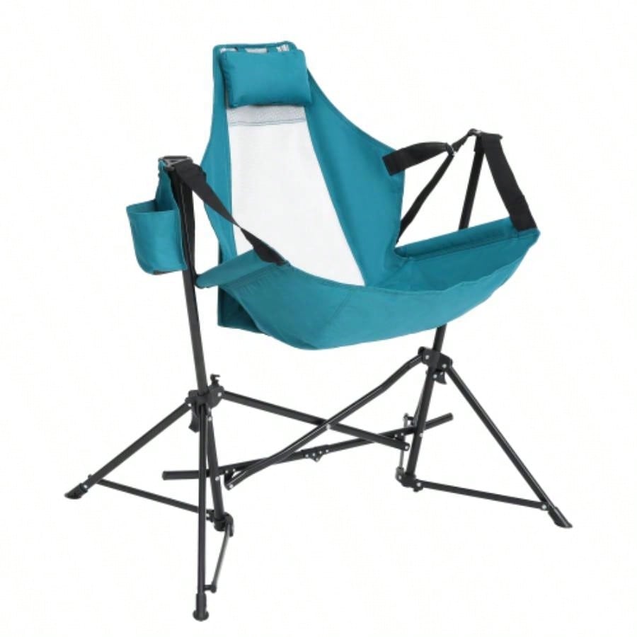 Hammock Camping Chair, Folding Portable Rocking Chair, Aluminum Alloy Adjustable Back Swinging Chair with Pillow Cup Holder, Recliner with Carry Bag Outdoor Travel Lawn Backyard, Black