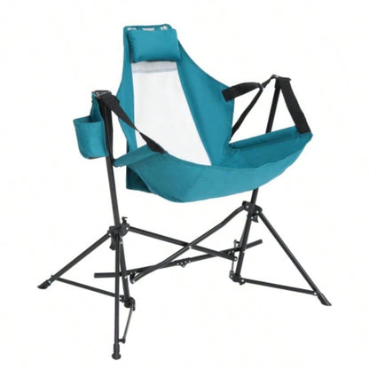 Hammock Camping Chair, Folding Portable Rocking Chair, Aluminum Alloy Adjustable Back Swinging Chair with Pillow Cup Holder, Recliner with Carry Bag Outdoor Travel Lawn Backyard, Black