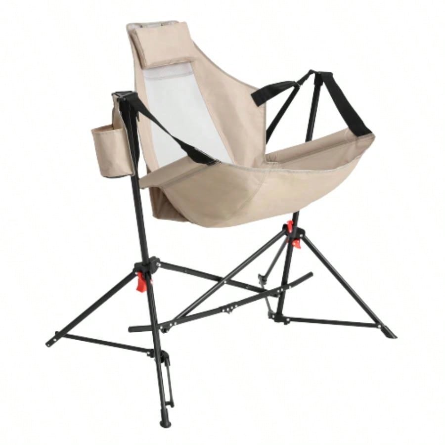 Hammock Camping Chair, Folding Portable Rocking Chair, Aluminum Alloy Adjustable Back Swinging Chair with Pillow Cup Holder, Recliner with Carry Bag Outdoor Travel Lawn Backyard, Black