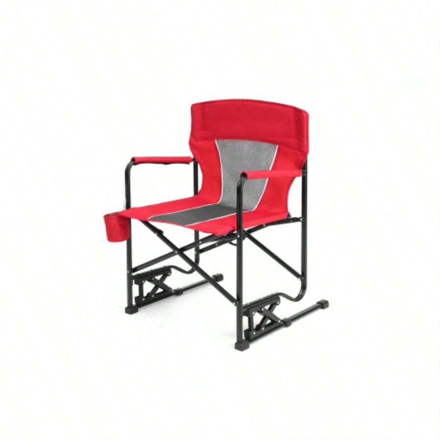 Outdoor Rocker Camping Chair Portable Folding Rocking Chair with Solid, Durable Armrests, Drink Holder Comfortable Backrest - Red