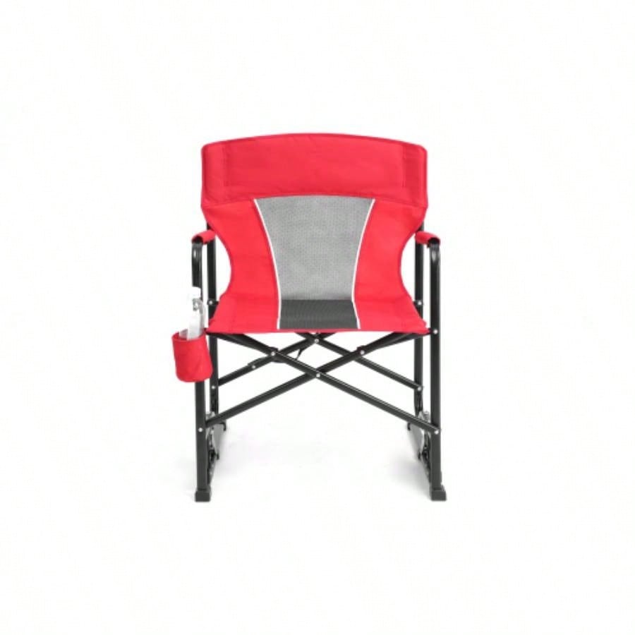 Outdoor Rocker Camping Chair Portable Folding Rocking Chair with Solid, Durable Armrests, Drink Holder Comfortable Backrest - Red