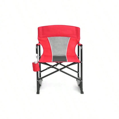 Outdoor Rocker Camping Chair Portable Folding Rocking Chair with Solid, Durable Armrests, Drink Holder Comfortable Backrest - Red
