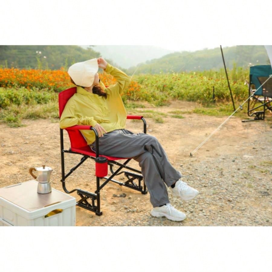 Outdoor Rocker Camping Chair Portable Folding Rocking Chair with Solid, Durable Armrests, Drink Holder Comfortable Backrest - Red