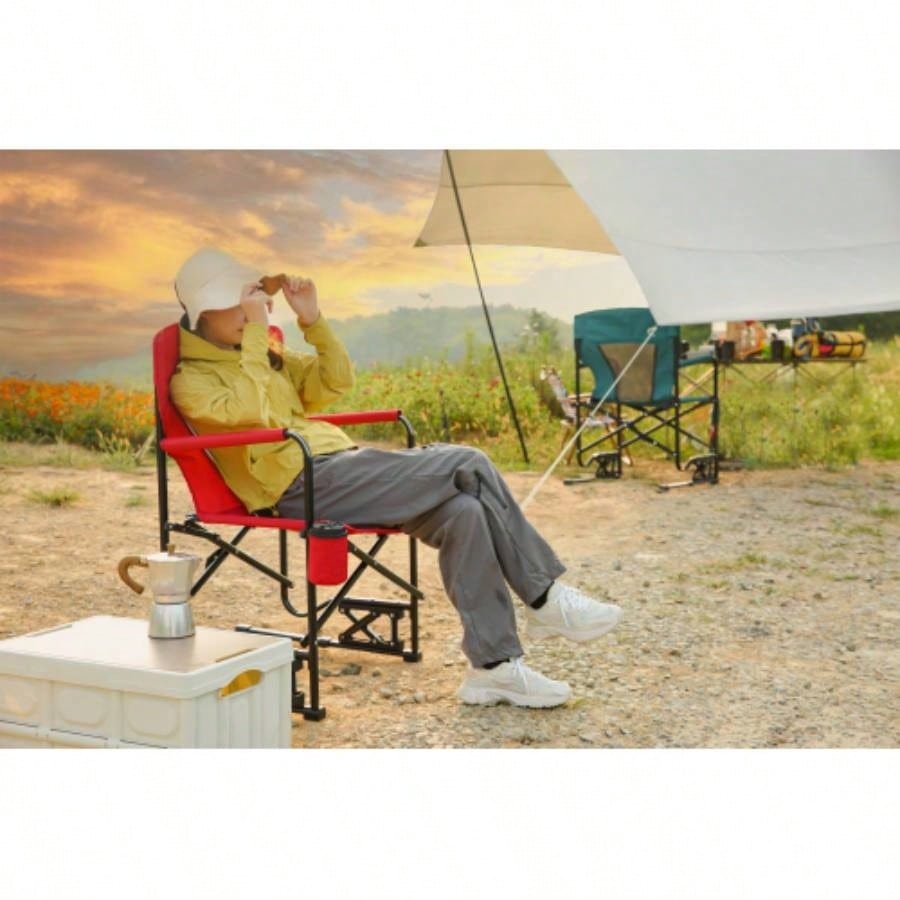 Outdoor Rocker Camping Chair Portable Folding Rocking Chair with Solid, Durable Armrests, Drink Holder Comfortable Backrest - Red