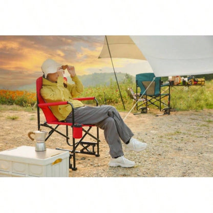 Outdoor Rocker Camping Chair Portable Folding Rocking Chair with Solid, Durable Armrests, Drink Holder Comfortable Backrest - Red
