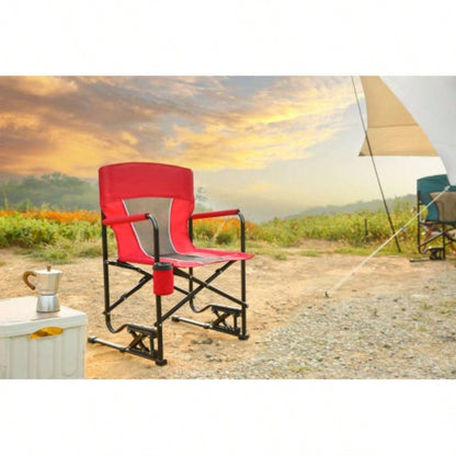 Outdoor Rocker Camping Chair Portable Folding Rocking Chair with Solid, Durable Armrests, Drink Holder Comfortable Backrest - Red