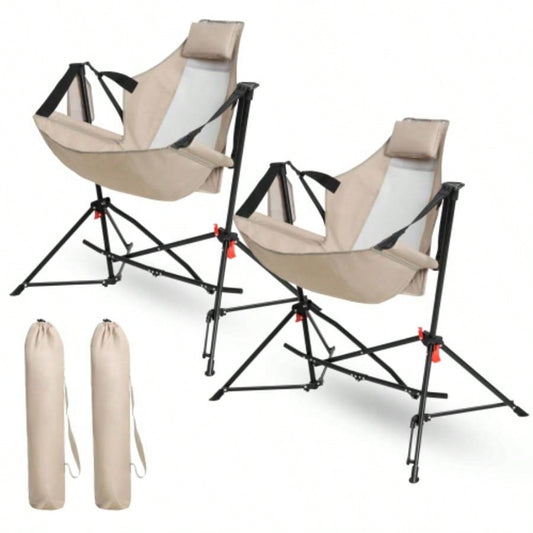 Hammock Camping Chair, Folding Portable Rocking Chair, Aluminum Alloy Adjustable Back Swinging Chair with Pillow Cup Holder, Recliner with Carry Bag Outdoor Travel Lawn Backyard, Khaki 2pcs