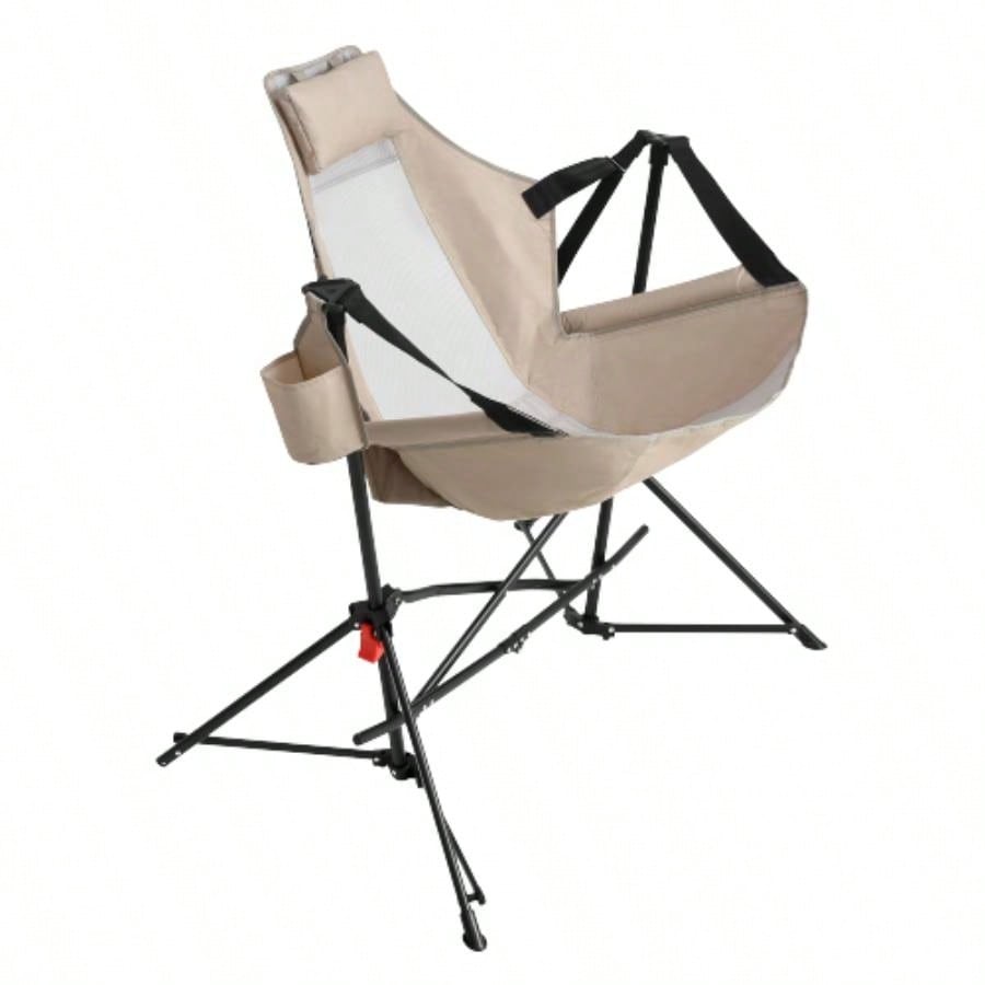 Hammock Camping Chair, Folding Portable Rocking Chair, Aluminum Alloy Adjustable Back Swinging Chair with Pillow Cup Holder, Recliner with Carry Bag Outdoor Travel Lawn Backyard, Khaki 2pcs