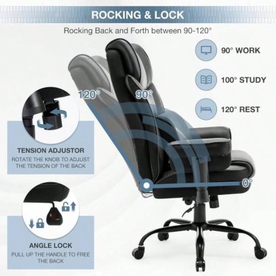 High Back Office Chair, 400lbs Rocking Desk Chair, Ergonomic Executive Office Chair with Adjustable Padded Armrest and Massage Lumbar Support, Adjustable Height Chair Black