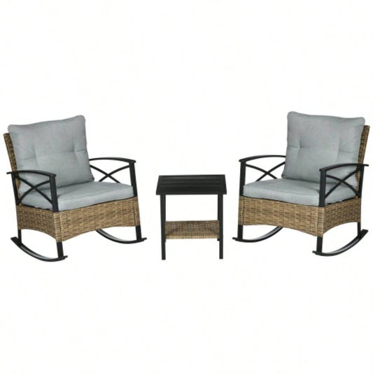 Outsunny 3 Piece Patio Rocking Chair Set, Outdoor Wicker Bistro Set with 2 Cushioned Porch Rockers and 2 Tier Coffee Table Garden, Porch, Backyard, Light Gray