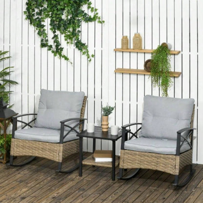 Outsunny 3 Piece Patio Rocking Chair Set, Outdoor Wicker Bistro Set with 2 Cushioned Porch Rockers and 2 Tier Coffee Table Garden, Porch, Backyard, Light Gray