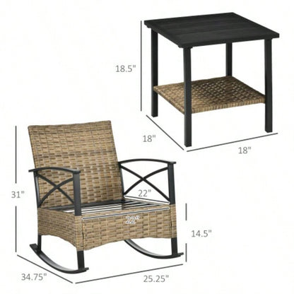 Outsunny 3 Piece Patio Rocking Chair Set, Outdoor Wicker Bistro Set with 2 Cushioned Porch Rockers and 2 Tier Coffee Table Garden, Porch, Backyard, Light Gray