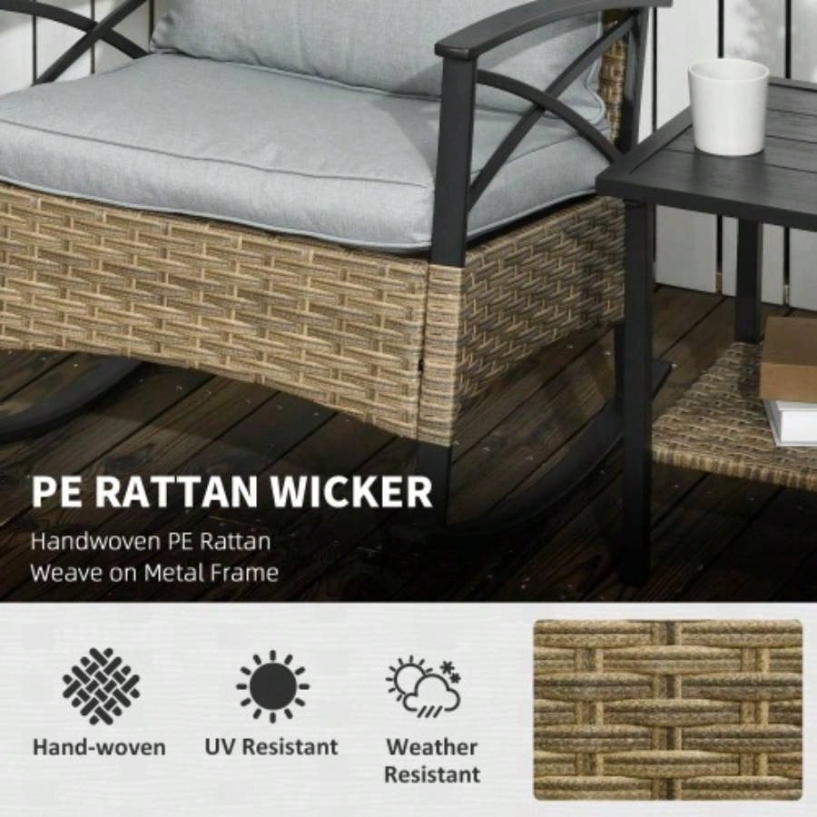 Outsunny 3 Piece Patio Rocking Chair Set, Outdoor Wicker Bistro Set with 2 Cushioned Porch Rockers and 2 Tier Coffee Table Garden, Porch, Backyard, Light Gray