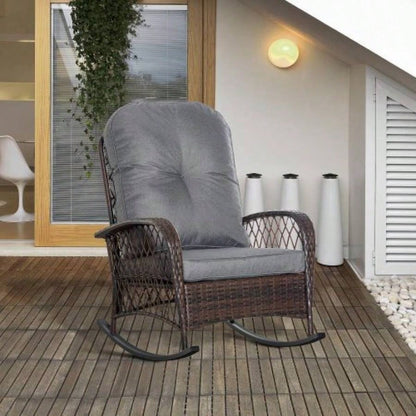 Outsunny Outdoor Wicker Rocking Chair with Wide, Thick, Soft Cushion, Rattan Rocker/Steel Frame, High Weight Capacity Patio, Garden, Backyard,