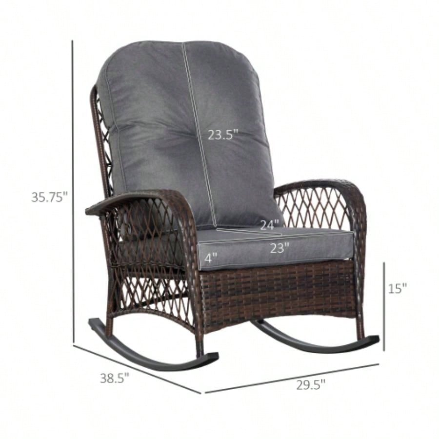 Outsunny Outdoor Wicker Rocking Chair with Wide, Thick, Soft Cushion, Rattan Rocker/Steel Frame, High Weight Capacity Patio, Garden, Backyard,