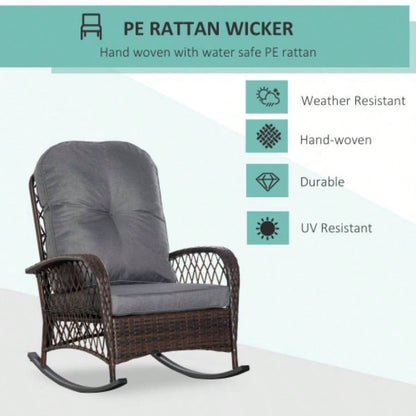 Outsunny Outdoor Wicker Rocking Chair with Wide, Thick, Soft Cushion, Rattan Rocker/Steel Frame, High Weight Capacity Patio, Garden, Backyard,