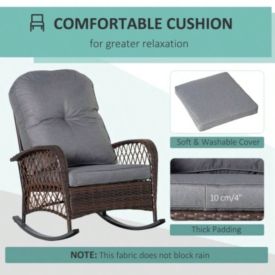 Outsunny Outdoor Wicker Rocking Chair with Wide, Thick, Soft Cushion, Rattan Rocker/Steel Frame, High Weight Capacity Patio, Garden, Backyard,