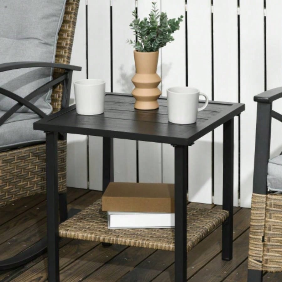 Outsunny 3 Piece Patio Rocking Chair Set, Outdoor Wicker Bistro Set with 2 Cushioned Porch Rockers and 2 Tier Coffee Table Garden, Porch, Backyard, Light Gray