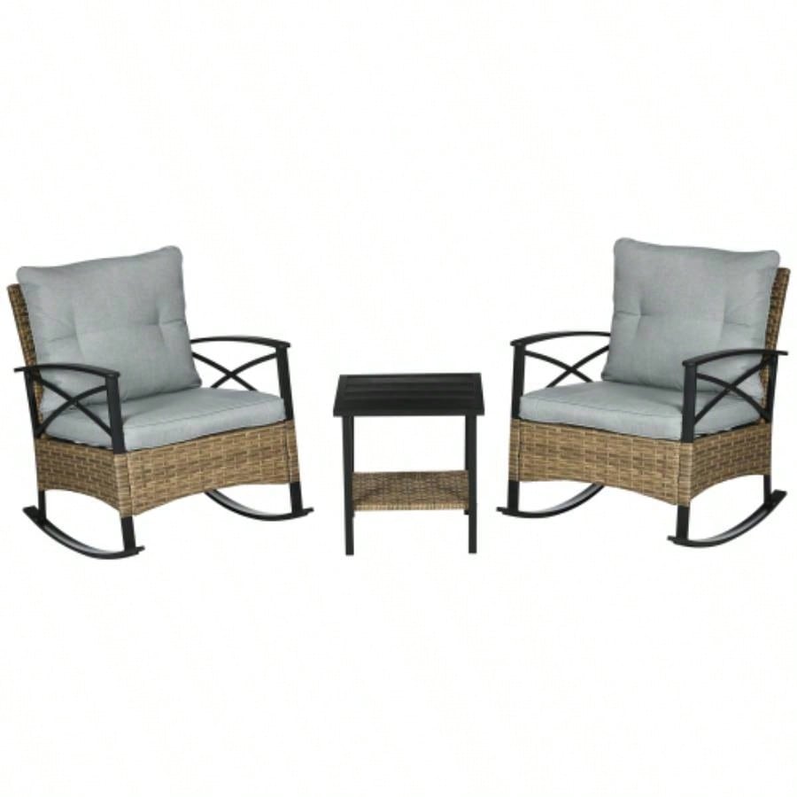 Outsunny 3 Piece Patio Rocking Chair Set, Outdoor Wicker Bistro Set with 2 Cushioned Porch Rockers and 2 Tier Coffee Table Garden, Porch, Backyard, Light Gray