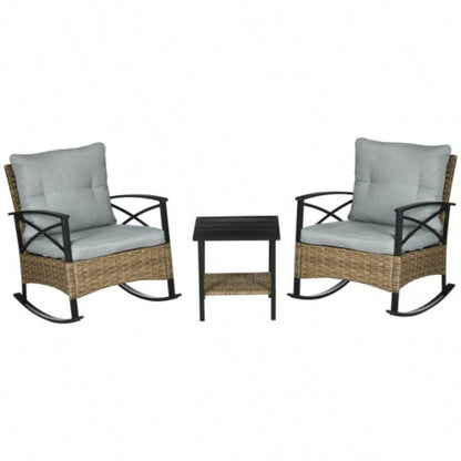 Outsunny 3 Piece Patio Rocking Chair Set, Outdoor Wicker Bistro Set with 2 Cushioned Porch Rockers and 2 Tier Coffee Table Garden, Porch, Backyard, Light Gray