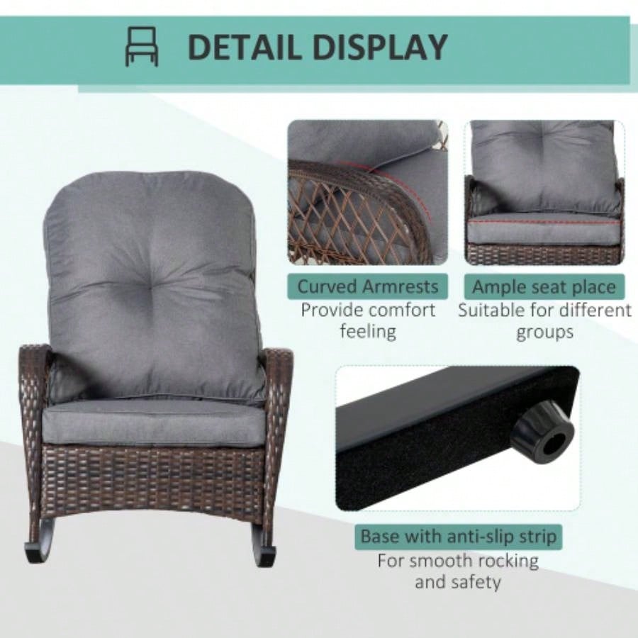 Outsunny Outdoor Wicker Rocking Chair with Wide, Thick, Soft Cushion, Rattan Rocker/Steel Frame, High Weight Capacity Patio, Garden, Backyard,