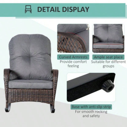 Outsunny Outdoor Wicker Rocking Chair with Wide, Thick, Soft Cushion, Rattan Rocker/Steel Frame, High Weight Capacity Patio, Garden, Backyard,