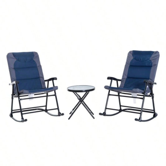 Outsunny 3 Piece Outdoor Patio Furniture Set with Glass Coffee Table 2 Folding Padded Rocking Chairs, Bistro Style Porch, Camping, Balcony, Navy Blue