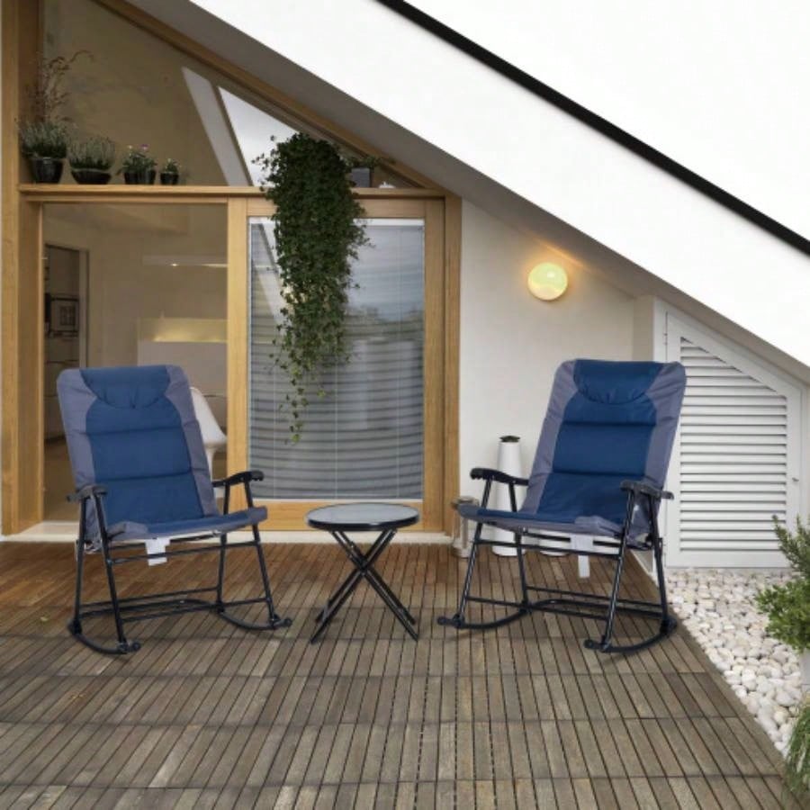 Outsunny 3 Piece Outdoor Patio Furniture Set with Glass Coffee Table 2 Folding Padded Rocking Chairs, Bistro Style Porch, Camping, Balcony, Navy Blue