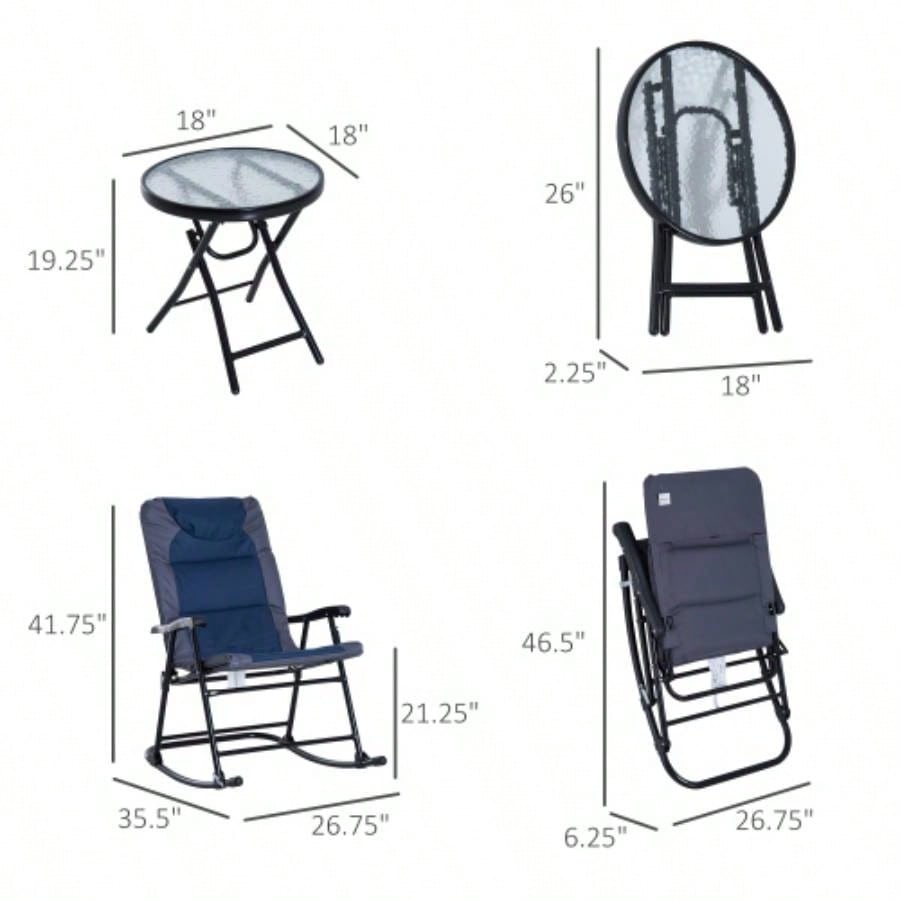 Outsunny 3 Piece Outdoor Patio Furniture Set with Glass Coffee Table 2 Folding Padded Rocking Chairs, Bistro Style Porch, Camping, Balcony, Navy Blue